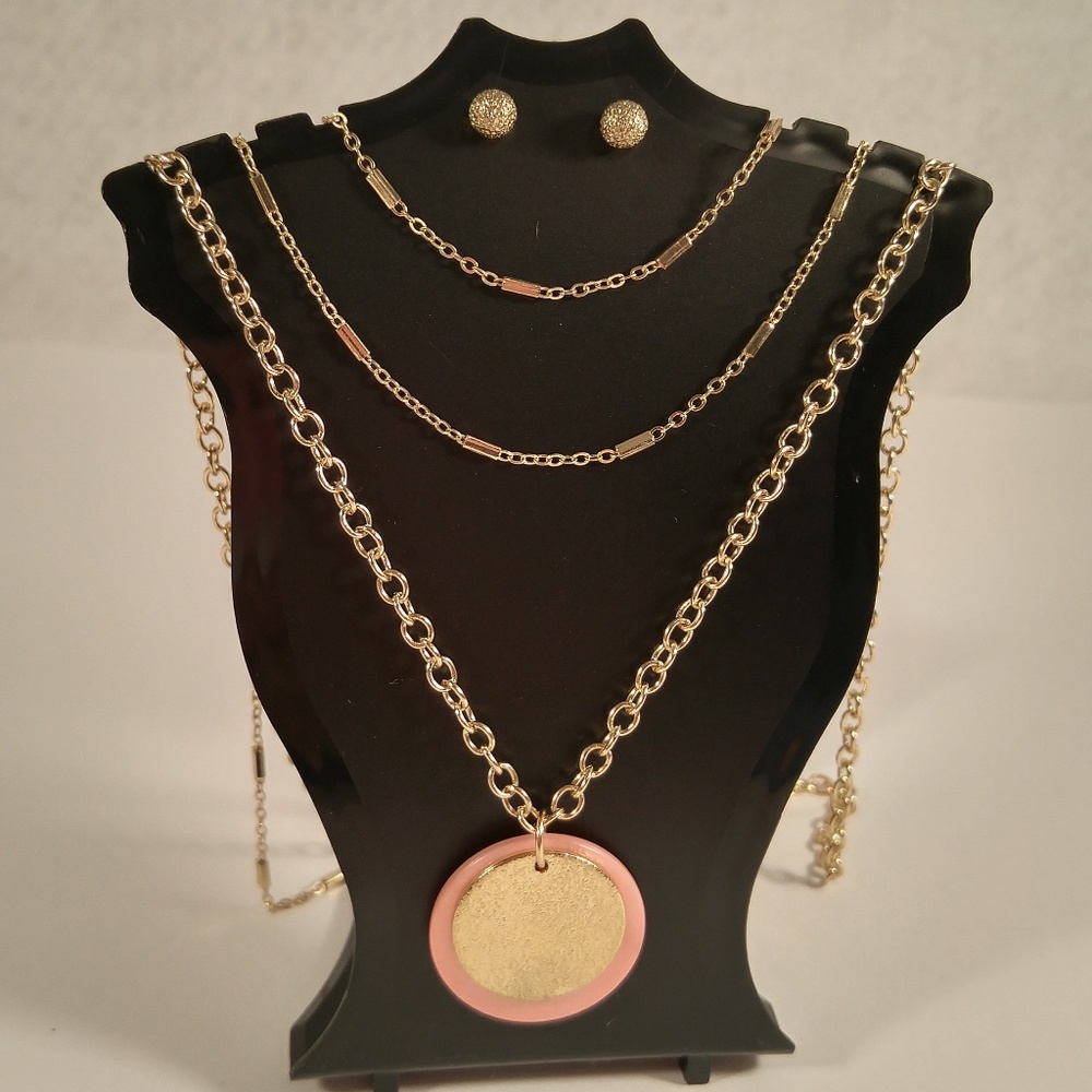 Necklace earring set gold short pink disc coin